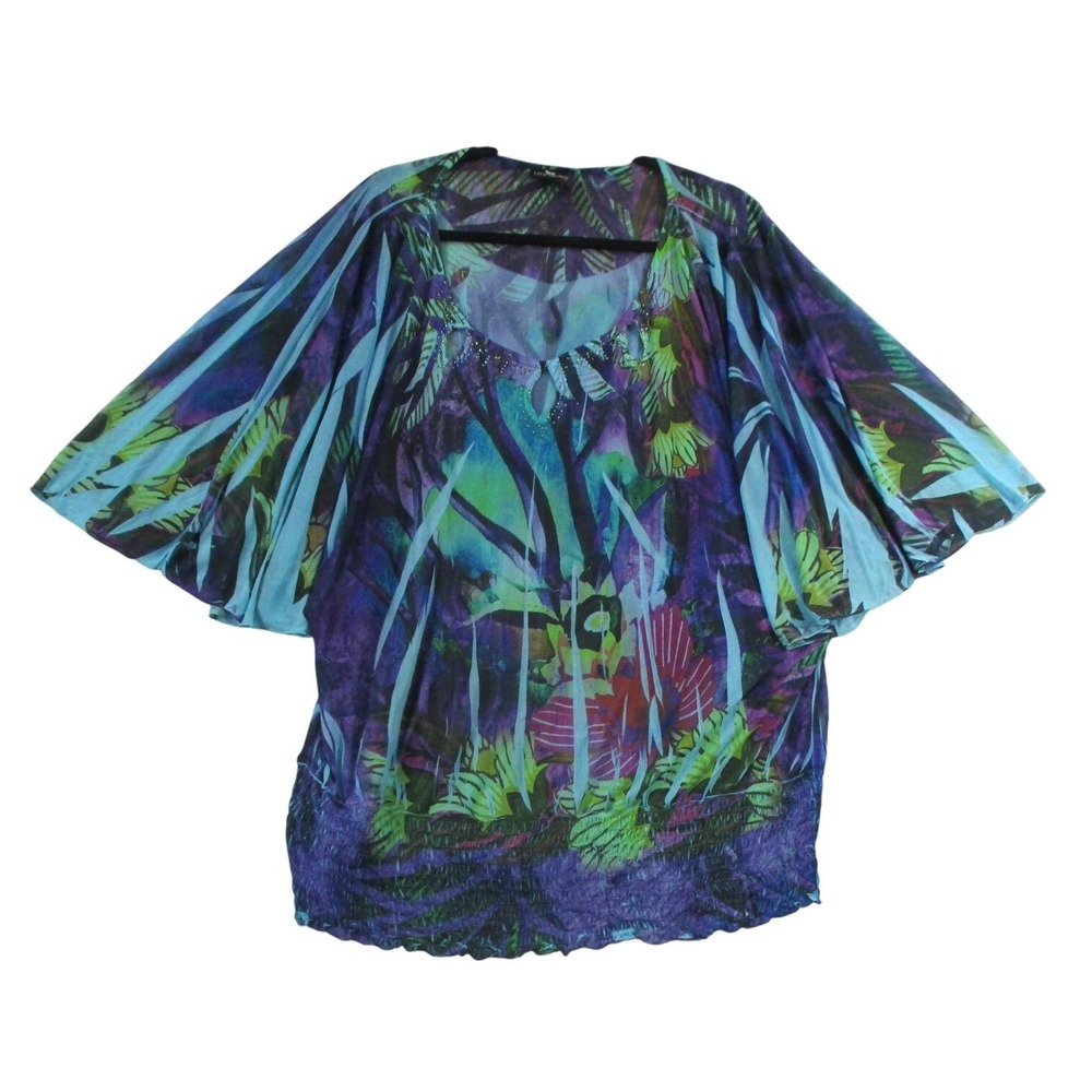 Lane Bryant Tropical Chiffon Blouse Purple Blue Butterfly Sleeve Smocked Top